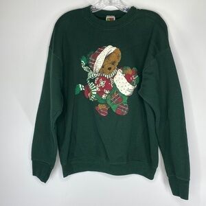 Vintage Fruit Of The Loom Christmas Bear Green Crewneck Sweatshirt Size Large